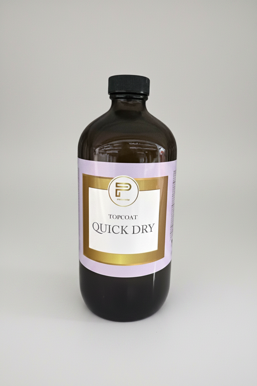 TP BEAUTY SUPPLY PTY LTD professional quick dry nail polish topcoat in a large amber glass bottle.
