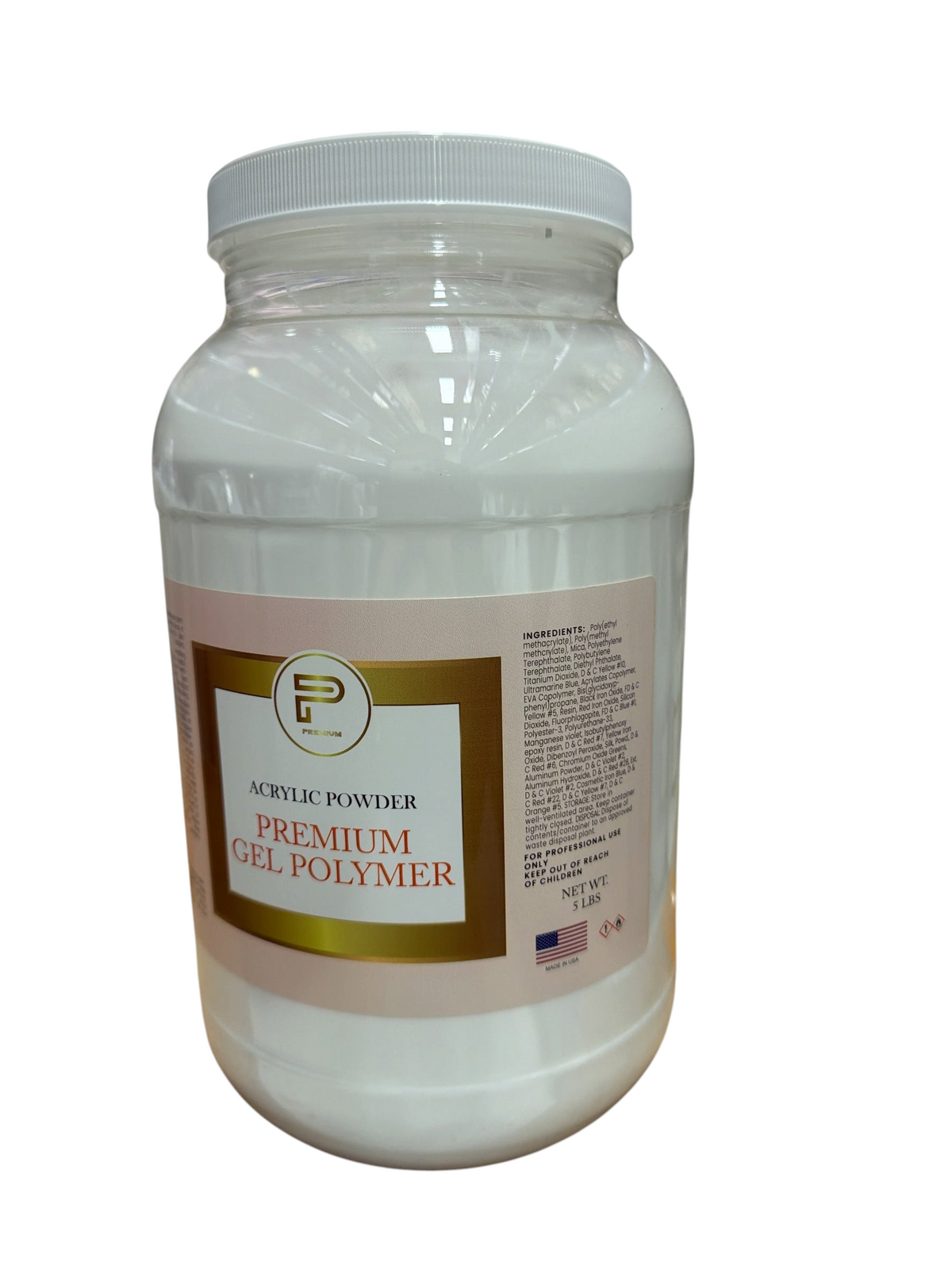 TP BEAUTY SUPPLY PTY LTD 5lb container of professional-grade white acrylic gel polymer nail powder for salons.
