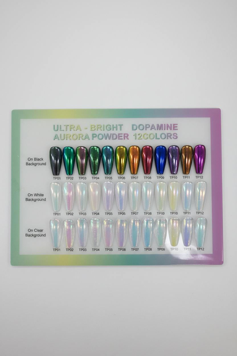 TP BEAUTY SUPPLY PTY LTD 12-color aurora nail powder set showing chrome and pearlescent finishes on various bases.