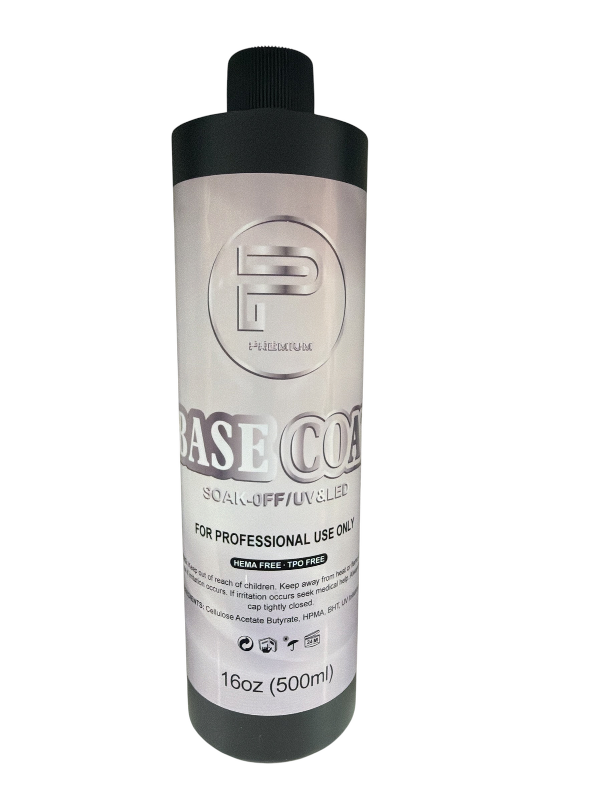 TP BEAUTY SUPPLY PTY LTD 500ml professional HEMA-free soak-off UV and LED base coat nail polish bottle.
