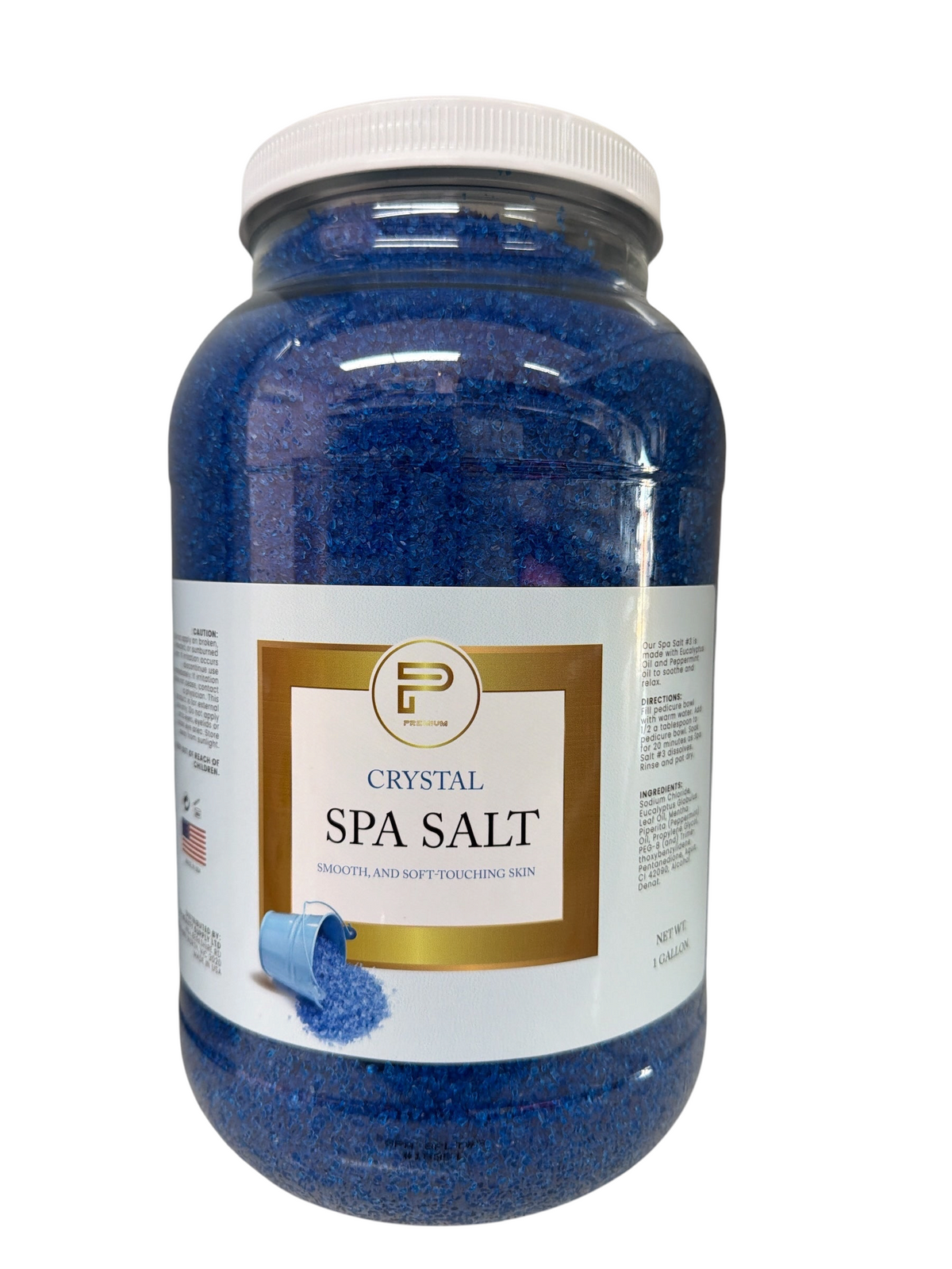 TP BEAUTY SUPPLY PTY LTD premium blue crystal spa salt in a one-gallon jar for soothing baths and pedicures.