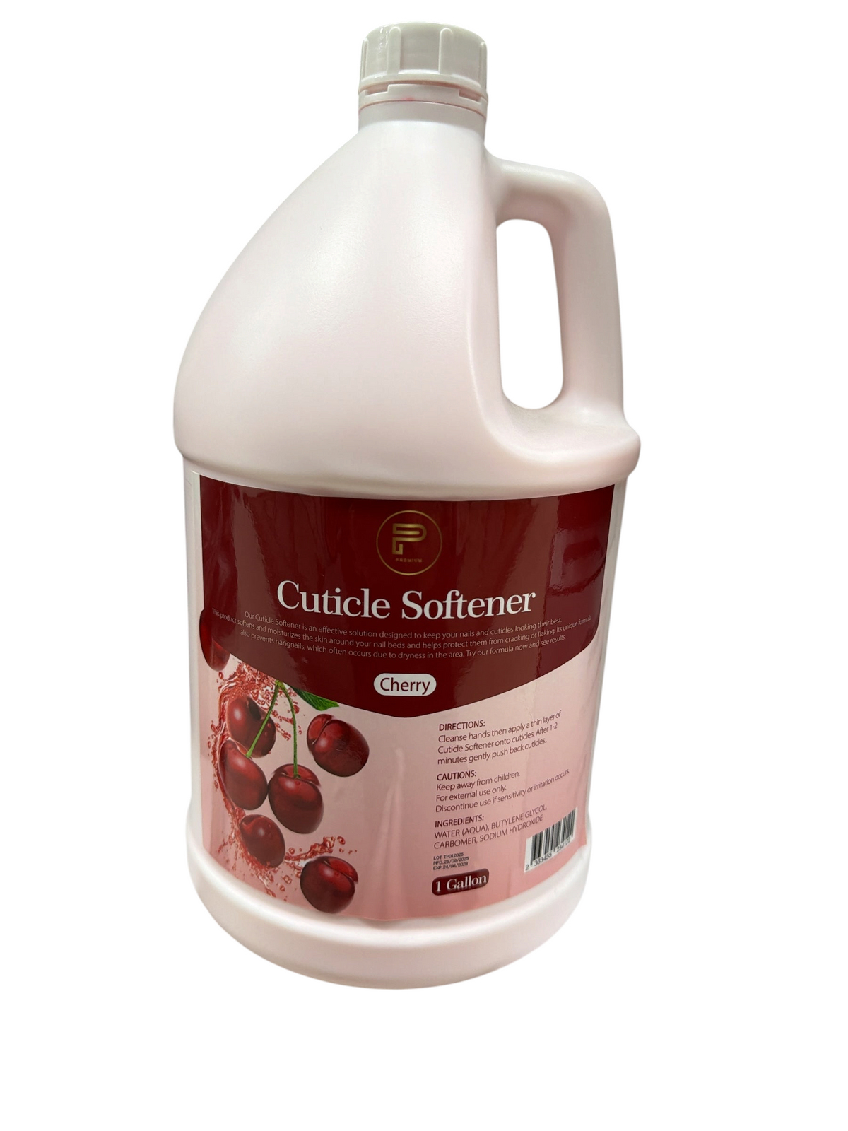 TP BEAUTY SUPPLY PTY LTD 1-gallon cherry scented cuticle softener in a large plastic jug for professional nail care.
