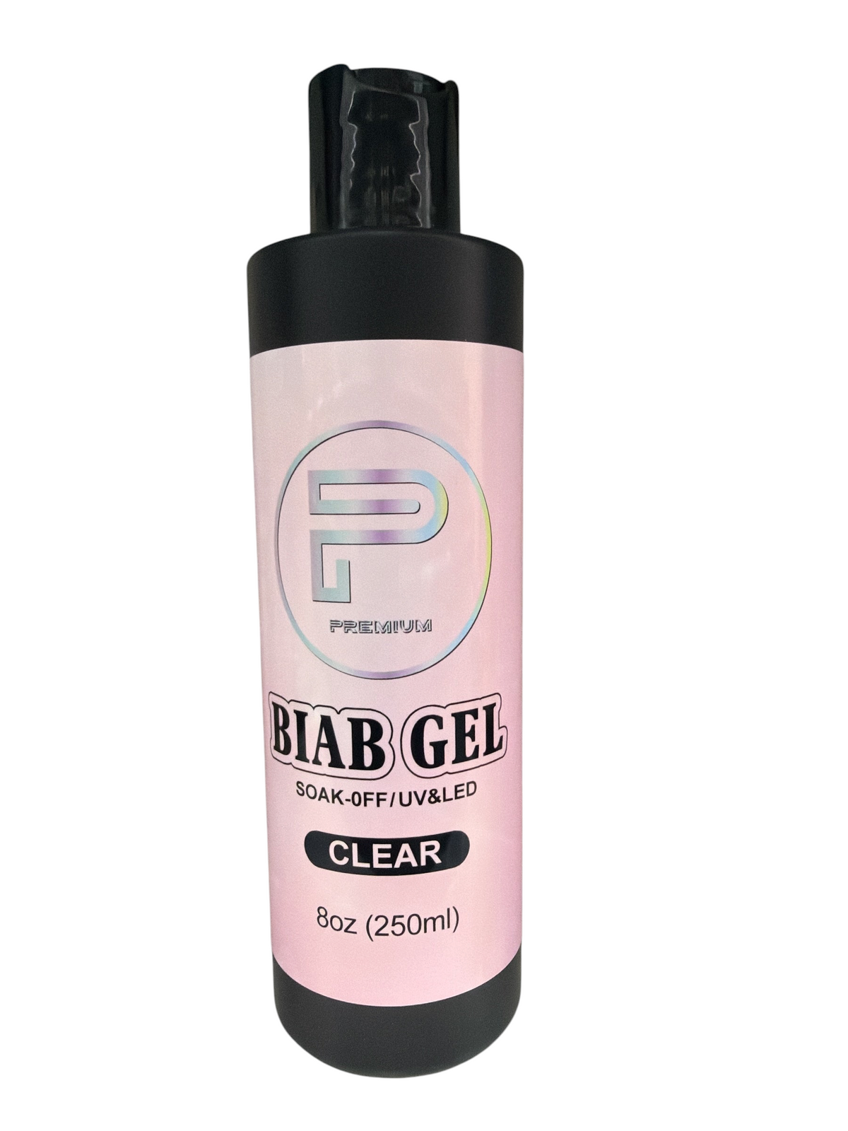 TP BEAUTY SUPPLY PTY LTD clear builder in a bottle gel polish in a 250ml black bottle with a pink label.