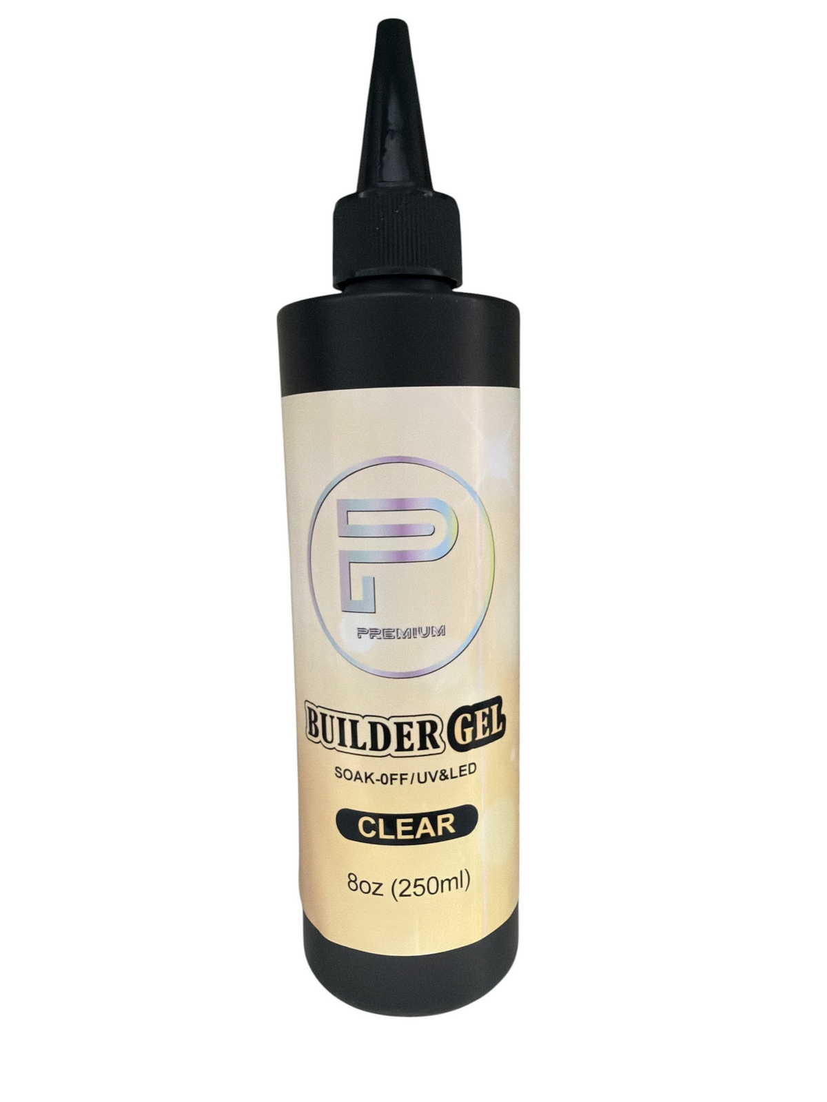 TP BEAUTY SUPPLY PTY LTD clear soak-off builder gel in a 250ml black squeeze bottle for nail extensions and overlays.