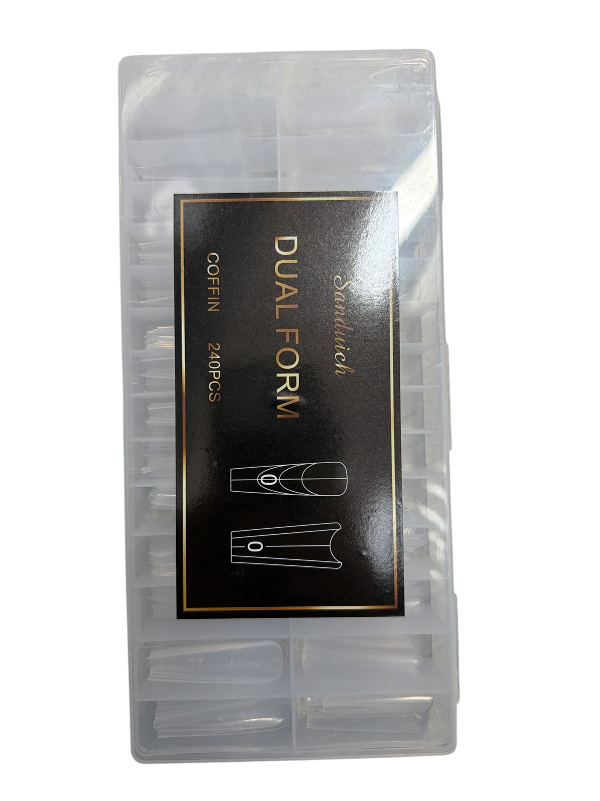 TP BEAUTY SUPPLY PTY LTD 240 piece clear coffin dual nail form extension set in a plastic storage case