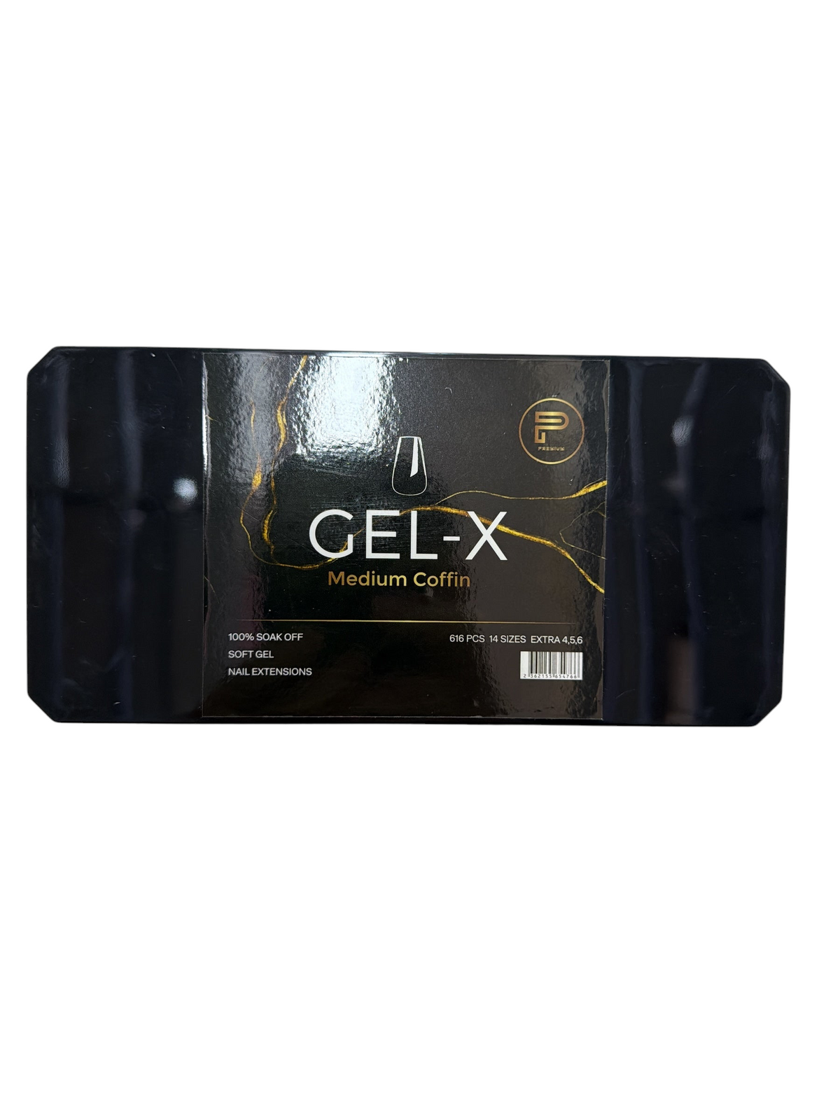 TP BEAUTY SUPPLY PTY LTD premium soft gel medium coffin nail extension tips in a black box with gold marble detail.