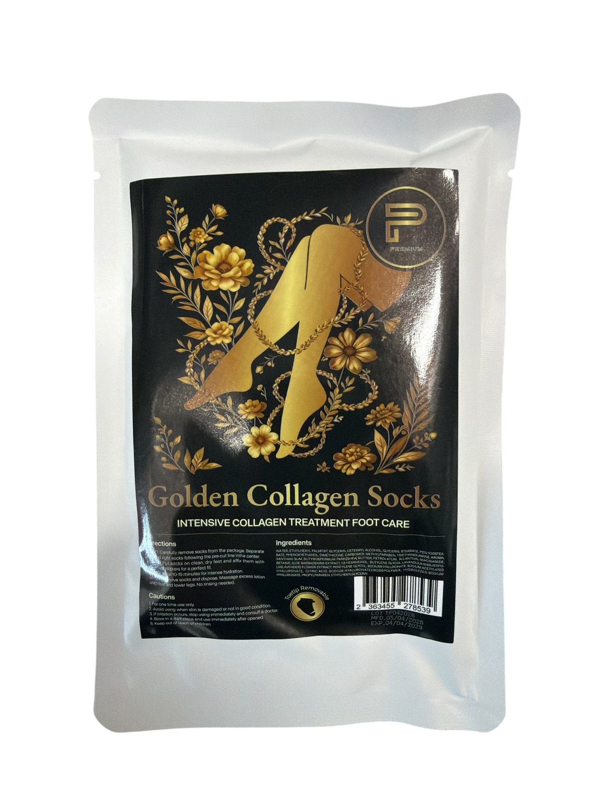 TP BEAUTY SUPPLY PTY LTD Golden Collagen intensive treatment foot care socks in a black and gold foil sachet.
