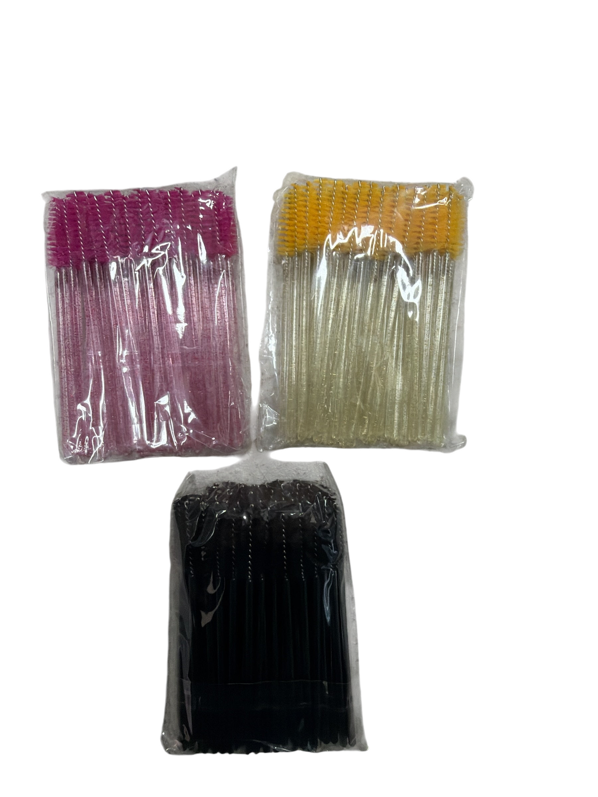 TP BEAUTY SUPPLY PTY LTD disposable eyelash spoolie brushes in pink, yellow, and black packs for lash grooming.