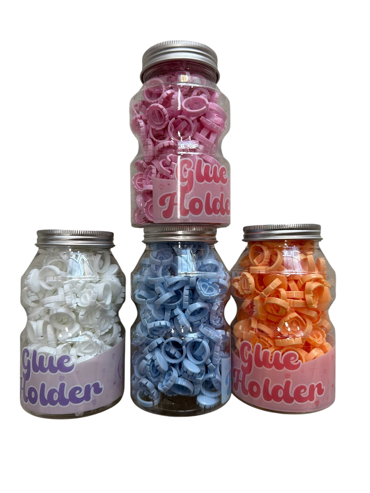 TP BEAUTY SUPPLY PTY LTD disposable glue holder rings in pink, white, blue, and orange jars for lash extensions.