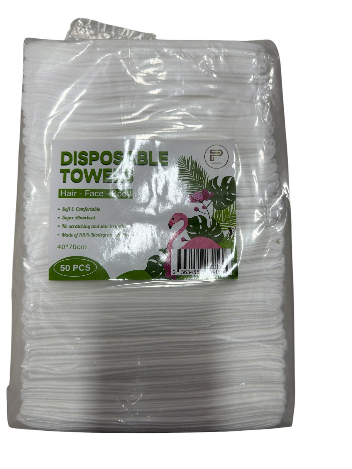 TP BEAUTY SUPPLY PTY LTD pack of 50 white biodegradable disposable towels for hair, face, and body care.