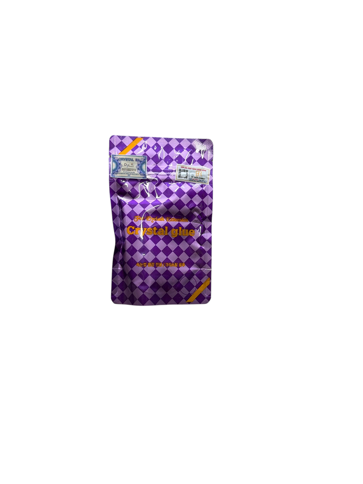 TP BEAUTY SUPPLY PTY LTD professional eyelash extension crystal glue in a purple checkered foil pouch.
