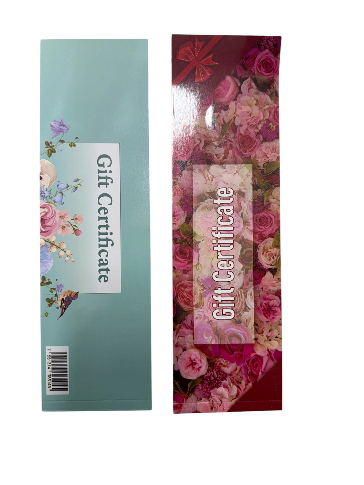 TP BEAUTY SUPPLY PTY LTD floral gift certificate vouchers in pastel blue botanical and vibrant pink rose designs.