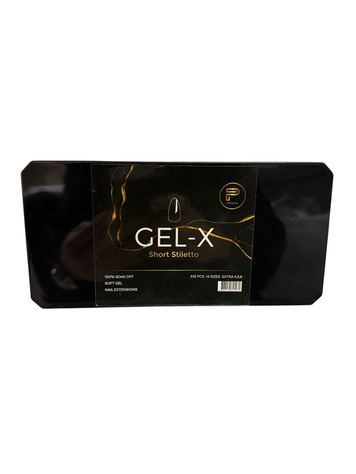 TP BEAUTY SUPPLY PTY LTD Gel-X short stiletto nail extension kit in a black box with gold marble accents