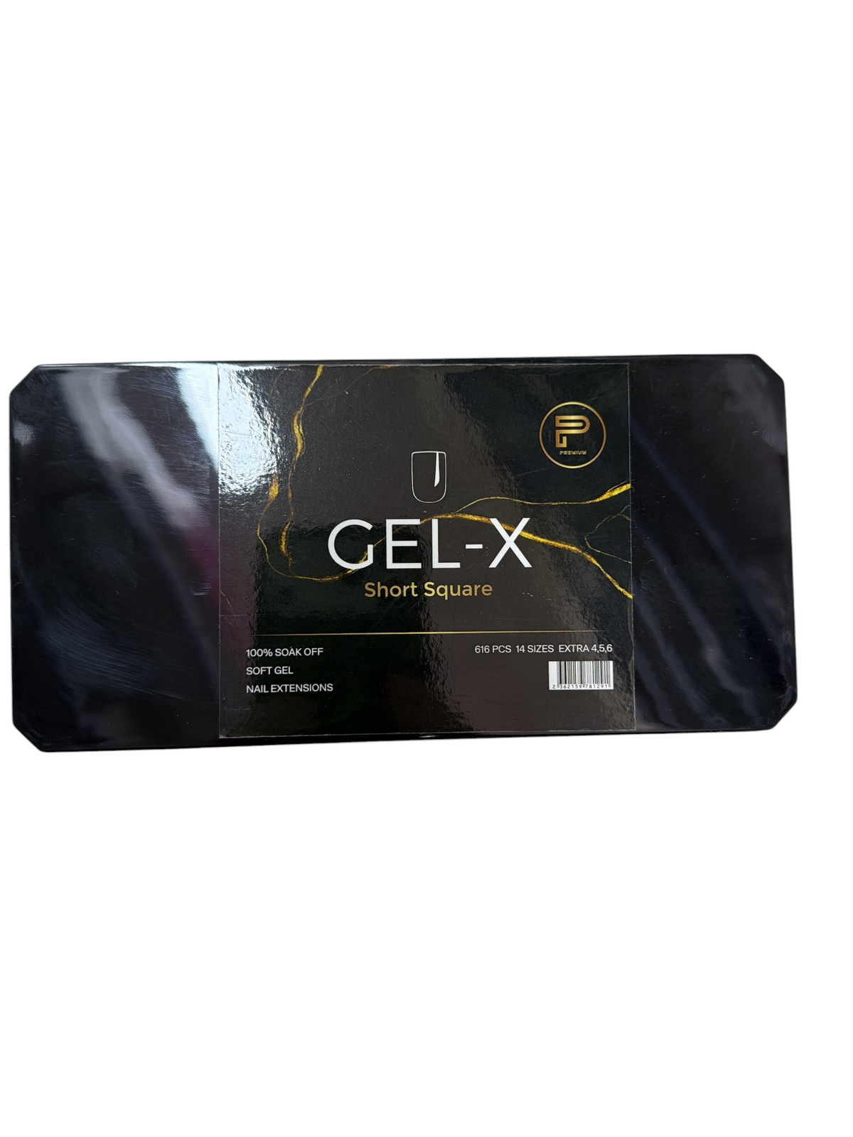 TP BEAUTY SUPPLY PTY LTD Gel-X short square soft gel nail extension kit in a black box with gold marble accents.
