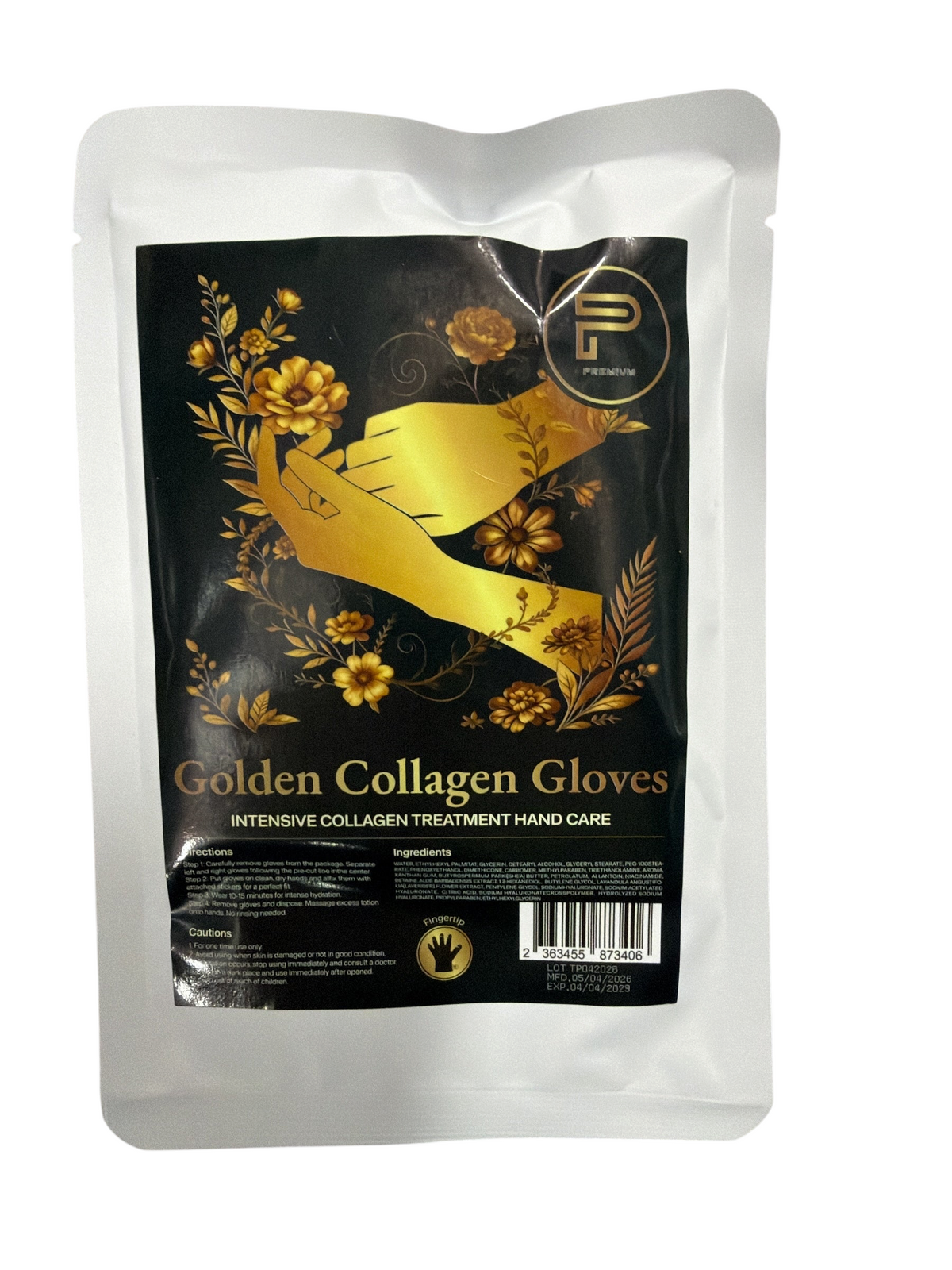 TP BEAUTY SUPPLY PTY LTD Golden Collagen intensive treatment hand care gloves in a black and gold foil sachet.