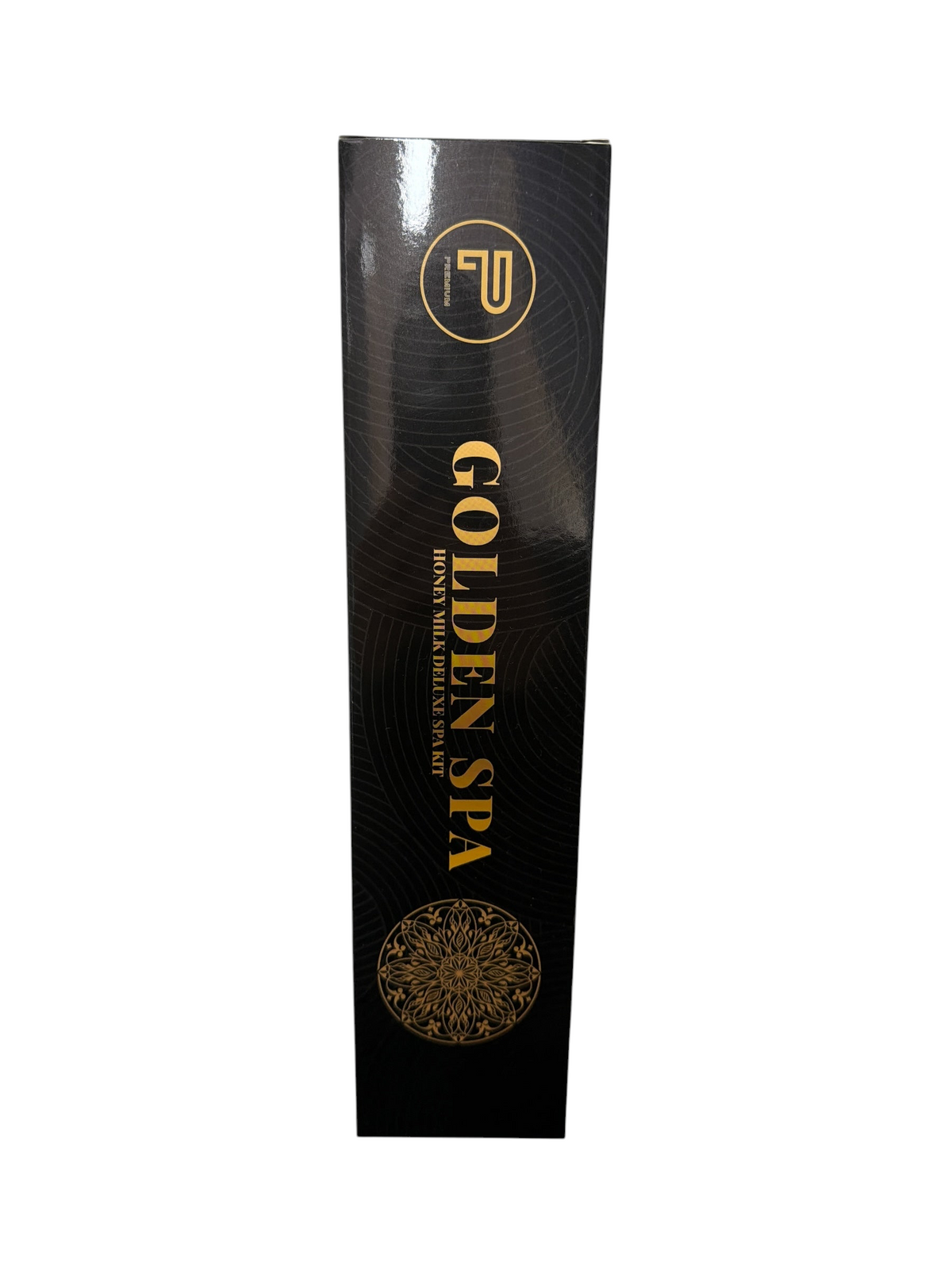 TP BEAUTY SUPPLY PTY LTD Golden Spa Honey Milk Deluxe Spa Kit in a sleek black box with gold mandala and logo detail.