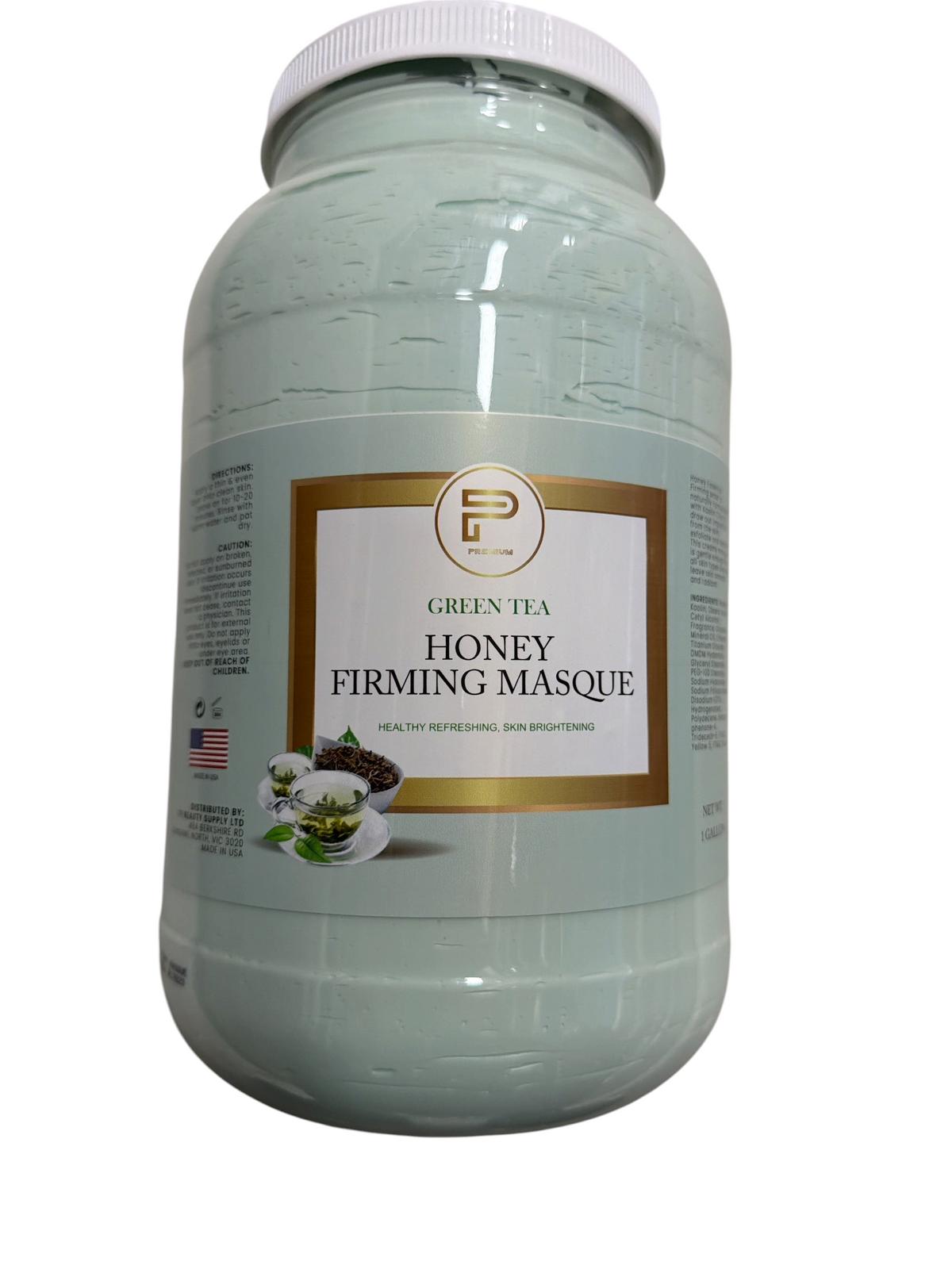 TP BEAUTY SUPPLY PTY LTD Premium Green Tea Honey Firming Masque in a large one-gallon professional salon tub.