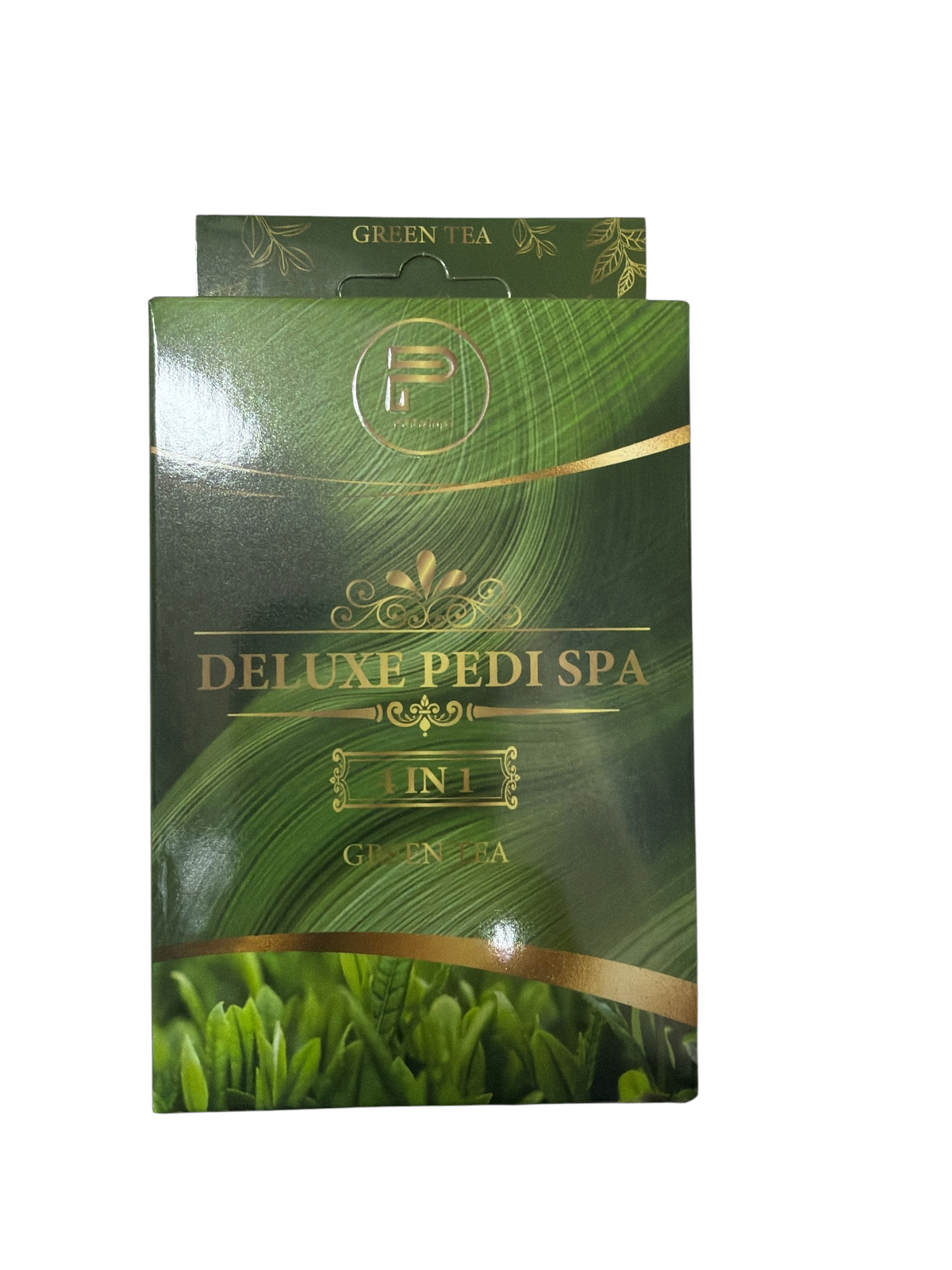 TP BEAUTY SUPPLY PTY LTD Deluxe Pedi Spa 4-in-1 green tea foot treatment kit in a green decorative box.