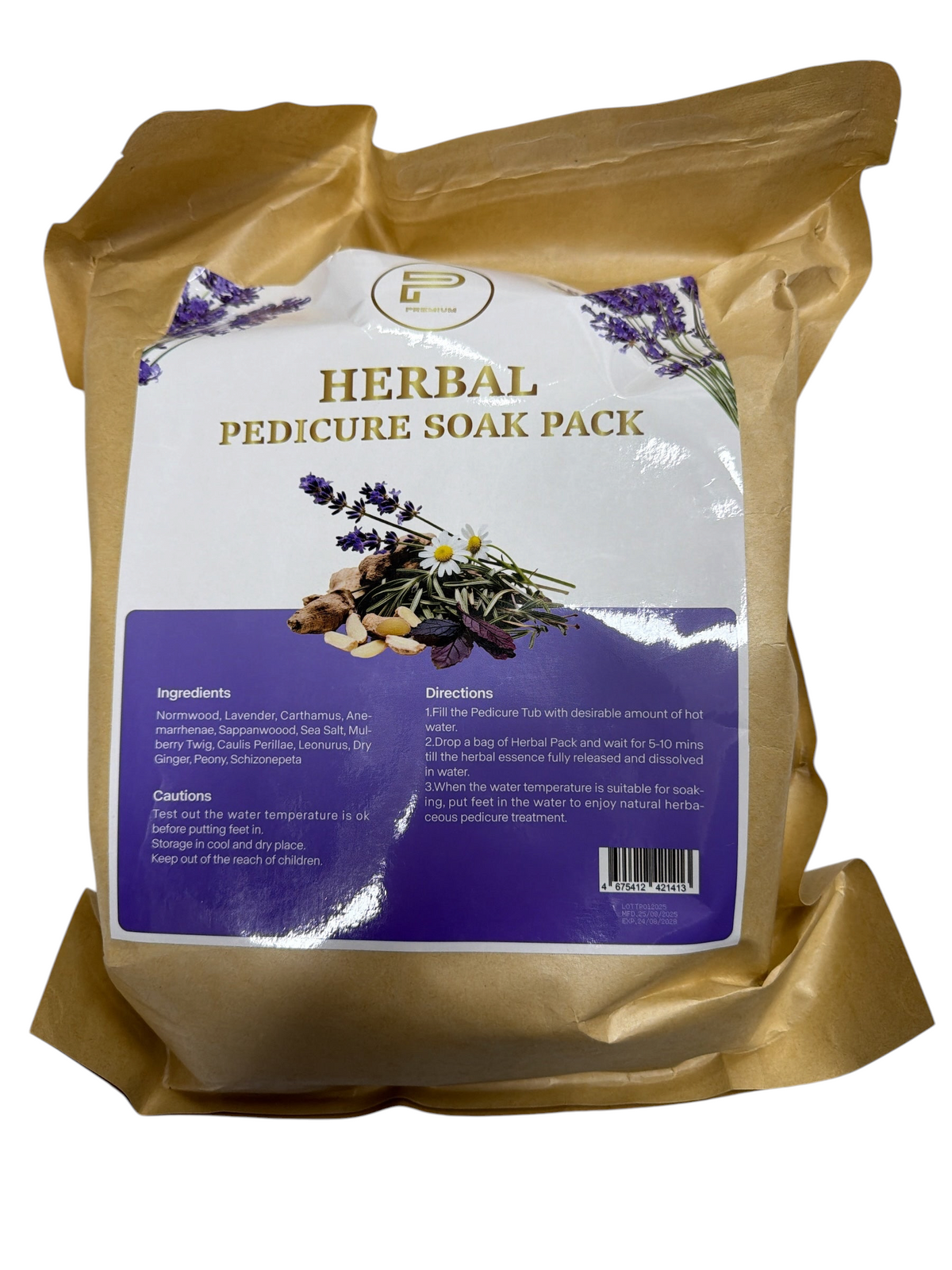 TP BEAUTY SUPPLY PTY LTD herbal pedicure soak pack in a brown paper pouch with lavender and botanical illustrations.