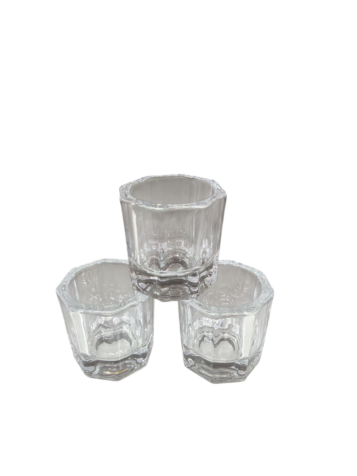 TP BEAUTY SUPPLY PTY LTD set of three clear glass hexagonal dappen dishes for professional nail art application.