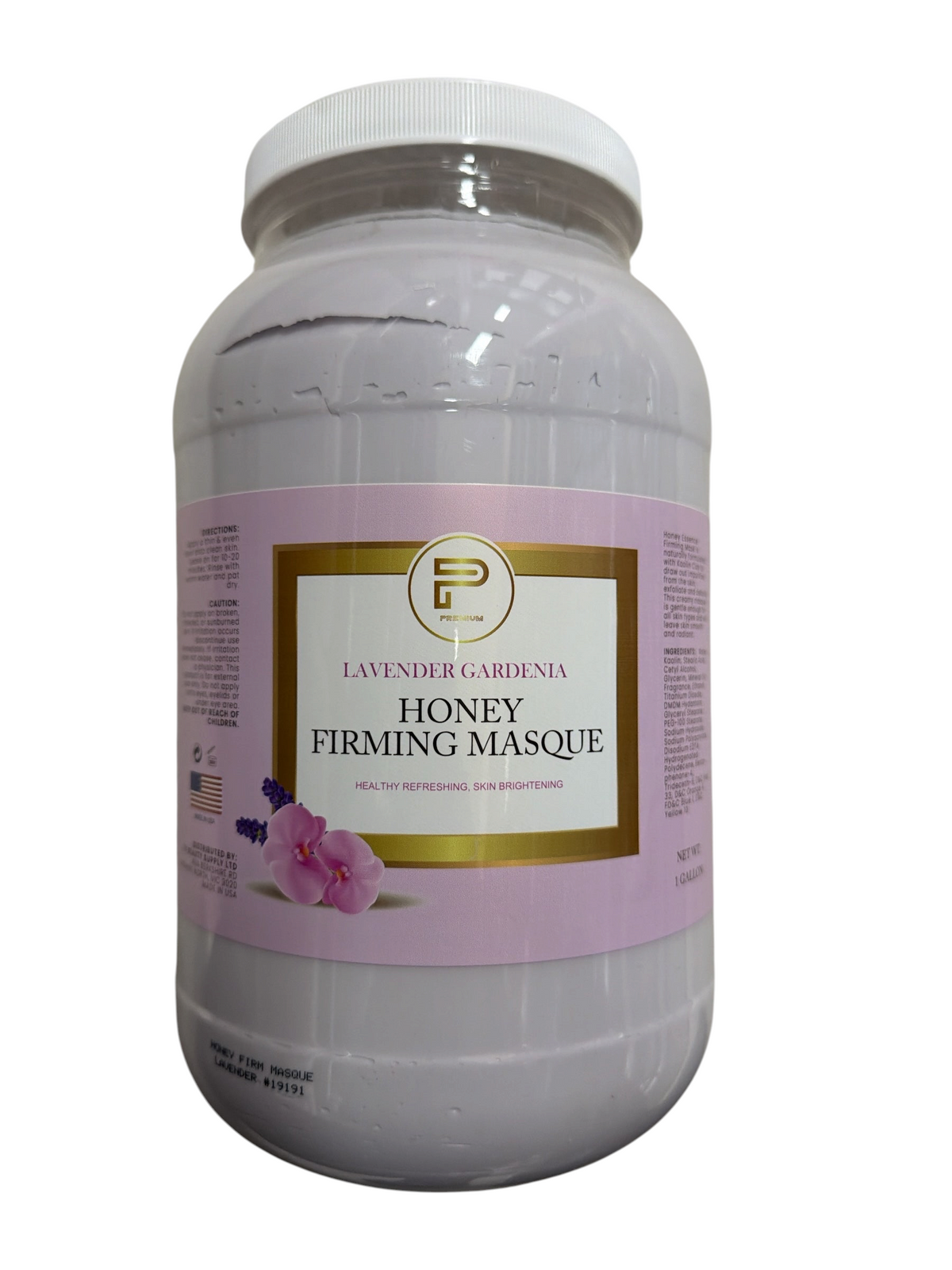 TP BEAUTY SUPPLY PTY LTD Lavender Gardenia Honey Firming Masque in a large professional-grade one-gallon container.
