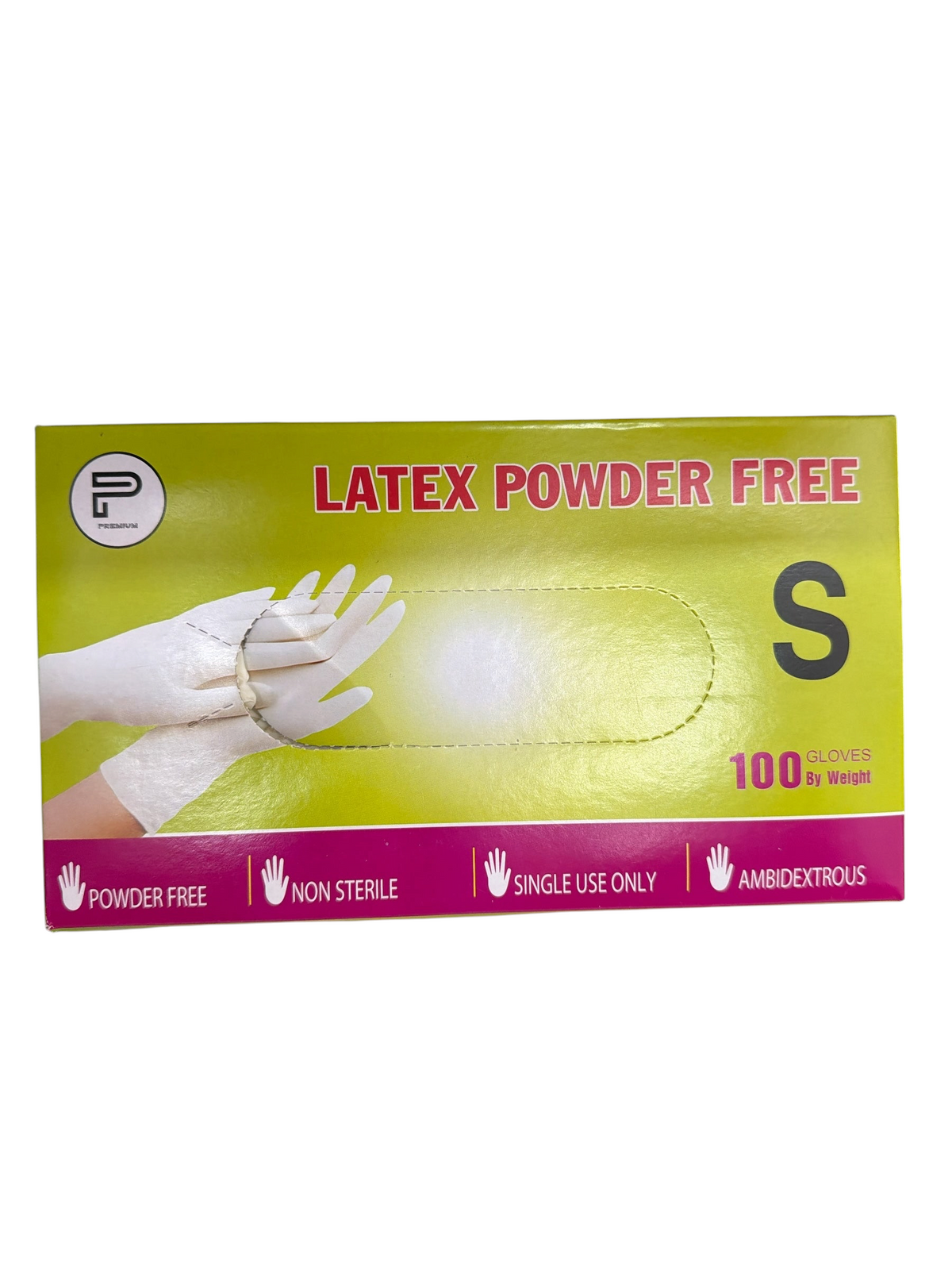 TP BEAUTY SUPPLY PTY LTD small powder-free latex gloves in a yellow and white box for hygiene and protection.