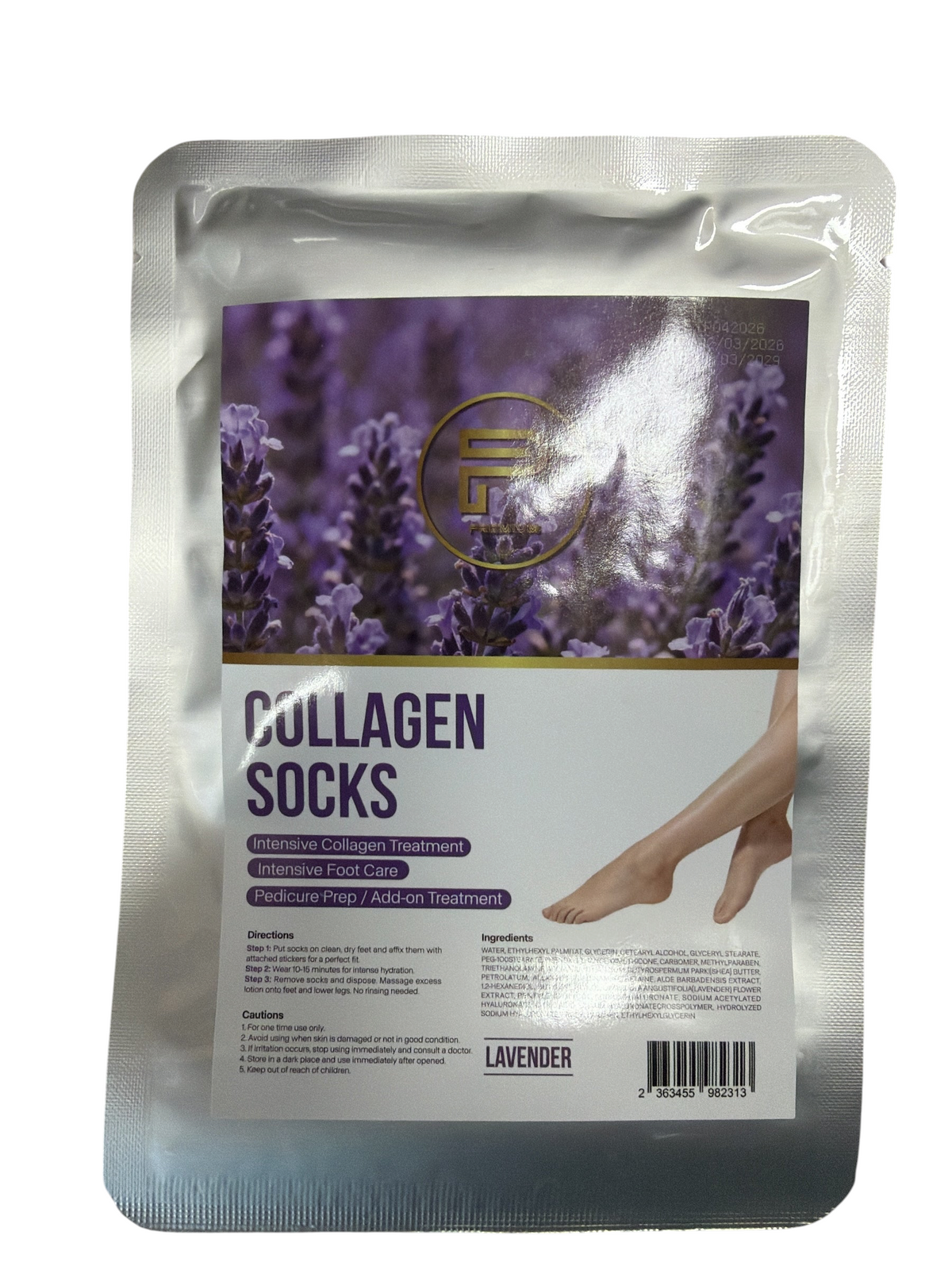 TP BEAUTY SUPPLY PTY LTD lavender collagen foot treatment socks in a silver foil packet for intensive hydration.