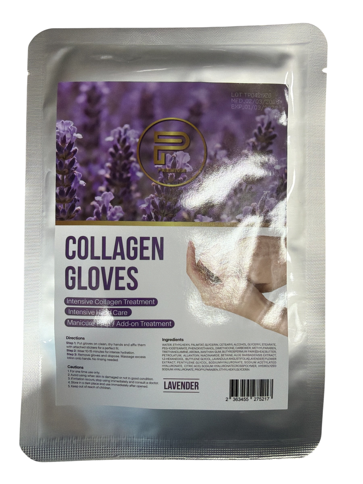 TP BEAUTY SUPPLY PTY LTD lavender collagen hand treatment gloves in a silver foil sachet with floral imagery.