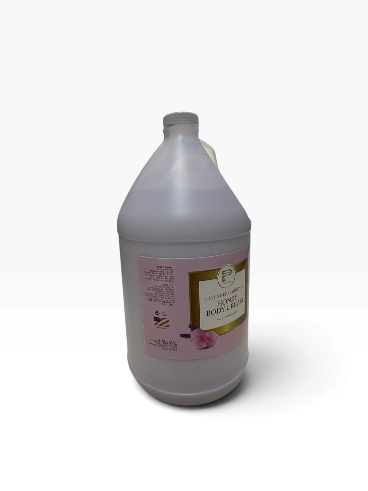 TP BEAUTY SUPPLY PTY LTD Lavender Gardenia Honey Body Cream in a large bulk-sized white plastic bottle.