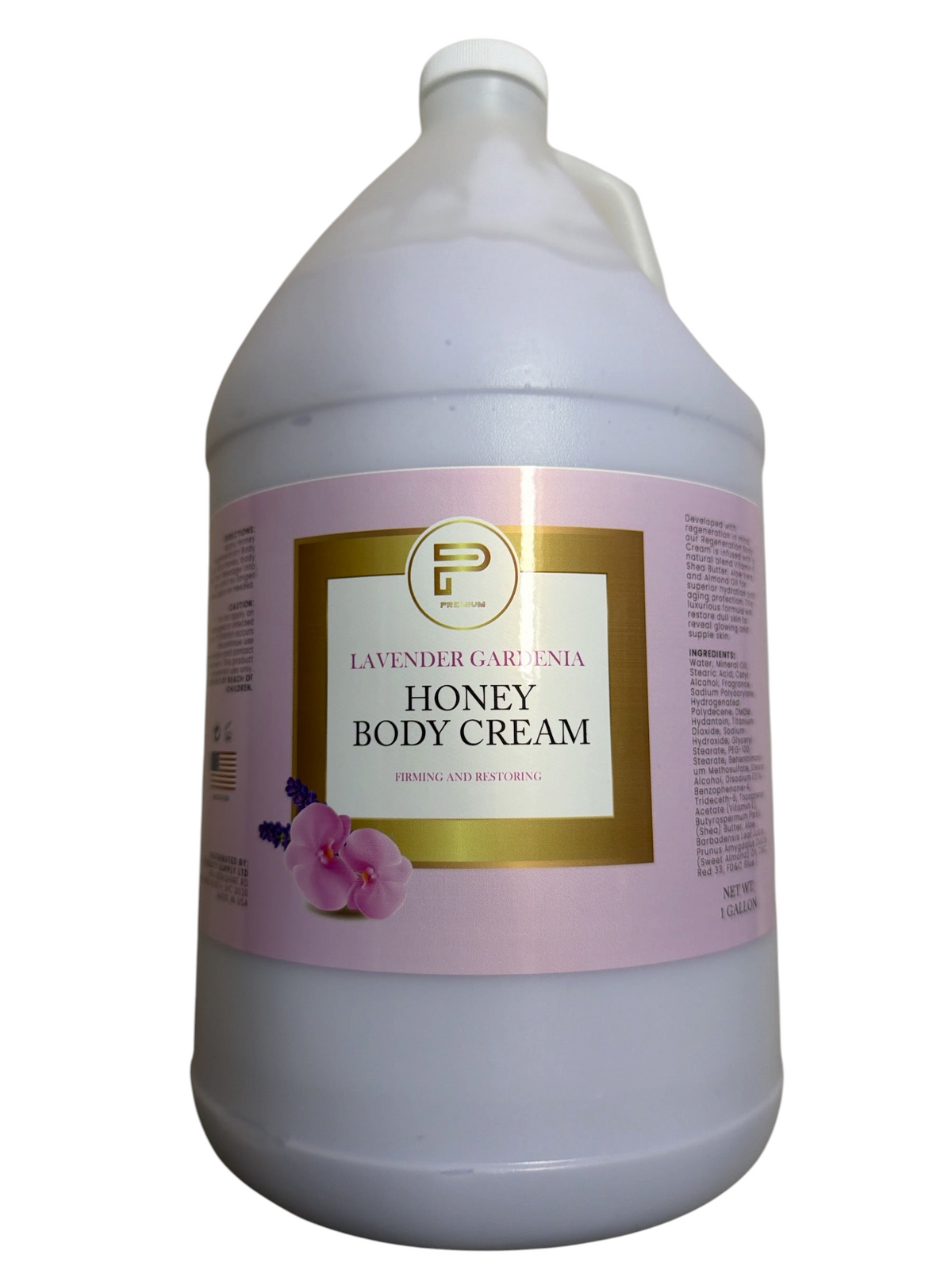 TP BEAUTY SUPPLY PTY LTD lavender gardenia honey body cream in a one-gallon bulk container for firming and restoring.