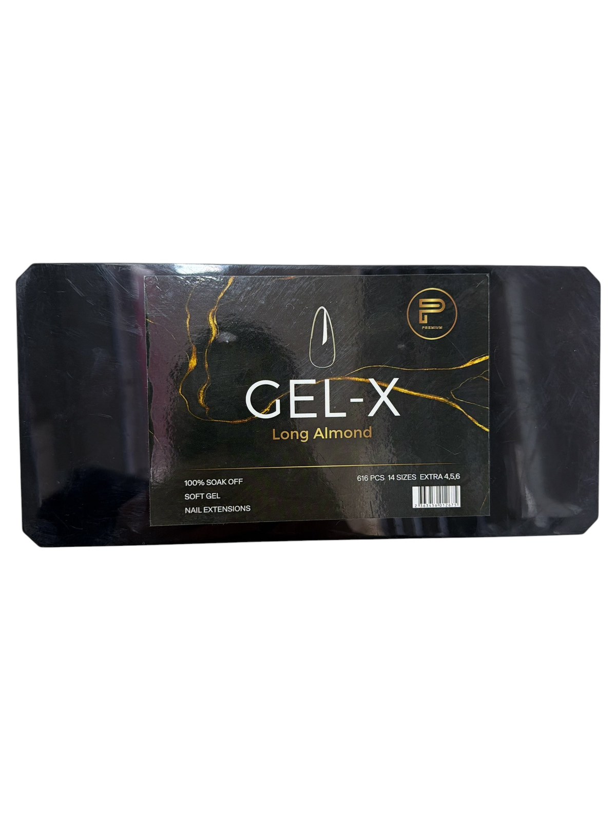 TP BEAUTY SUPPLY PTY LTD long almond soft gel nail extension kit in a black box with gold marble accents