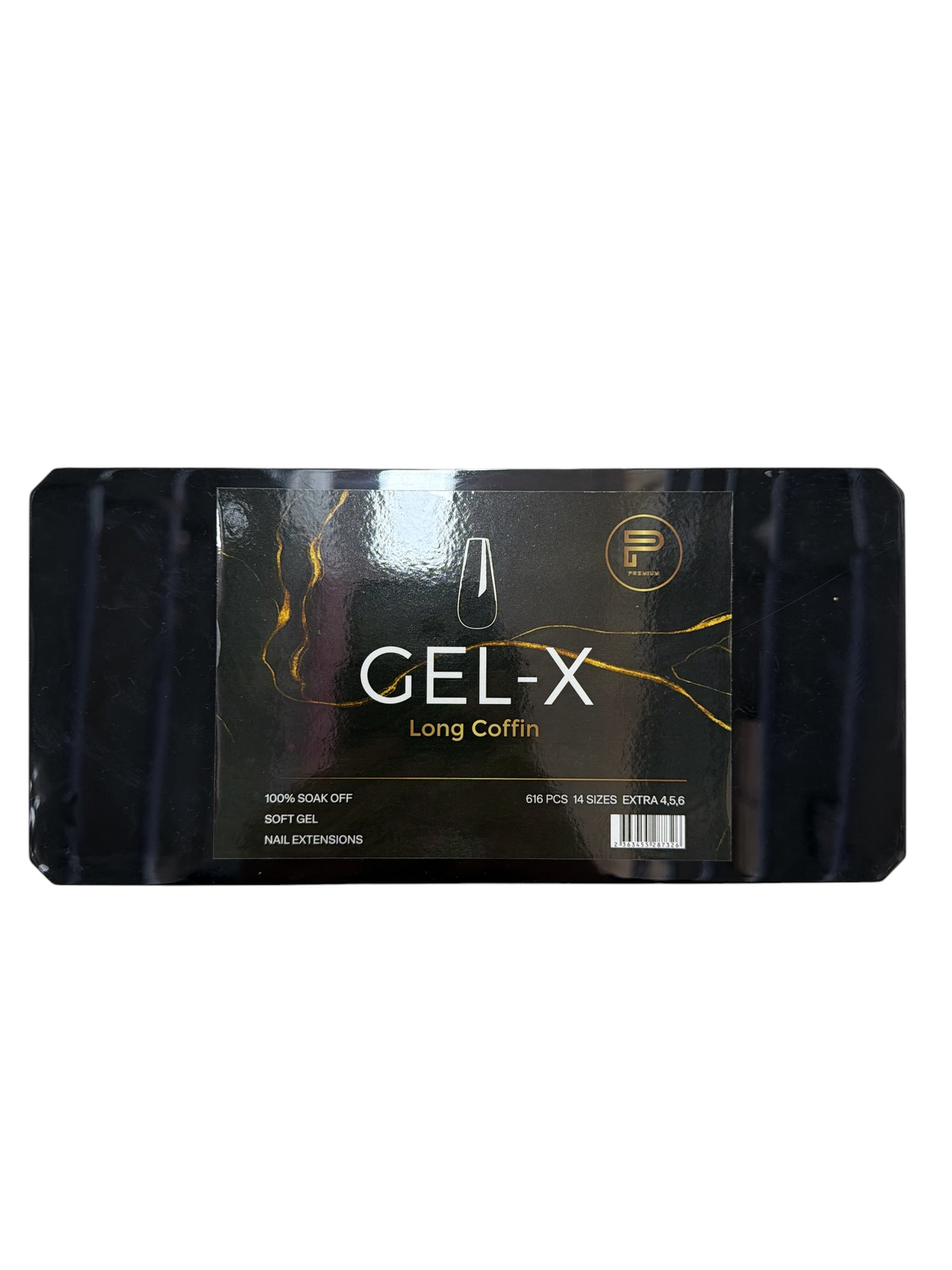 TP BEAUTY SUPPLY PTY LTD premium long coffin soft gel nail extension kit in a black box with gold marble accents.