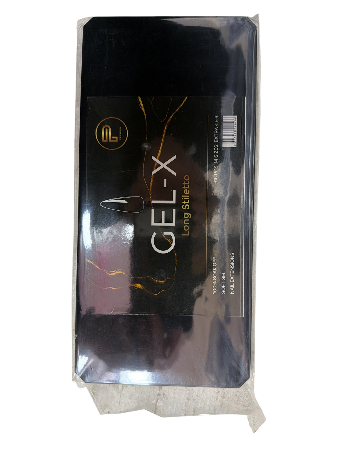TP BEAUTY SUPPLY PTY LTD premium long stiletto gel nail extension tips in a black box with gold marble detailing.