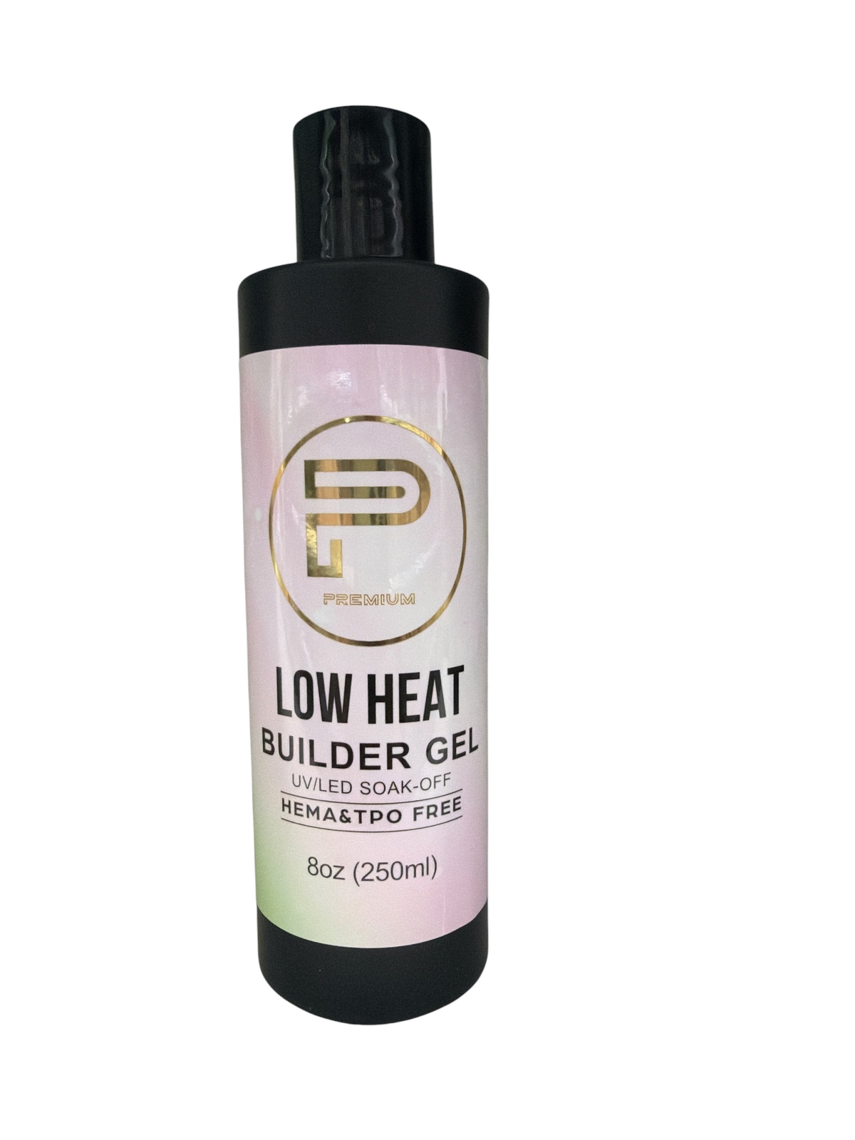 TP BEAUTY SUPPLY PTY LTD 250ml bottle of premium low heat soak-off builder gel with a pink and green gradient label.