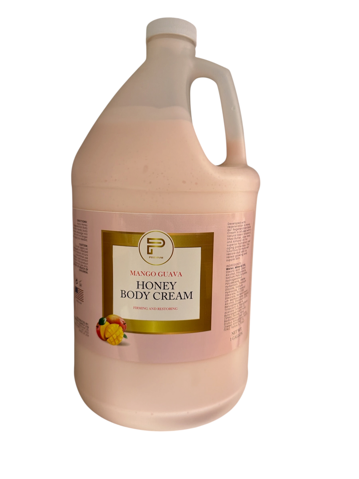 TP BEAUTY SUPPLY PTY LTD one-gallon mango guava honey body cream in a large pale pink plastic jug for skin hydration