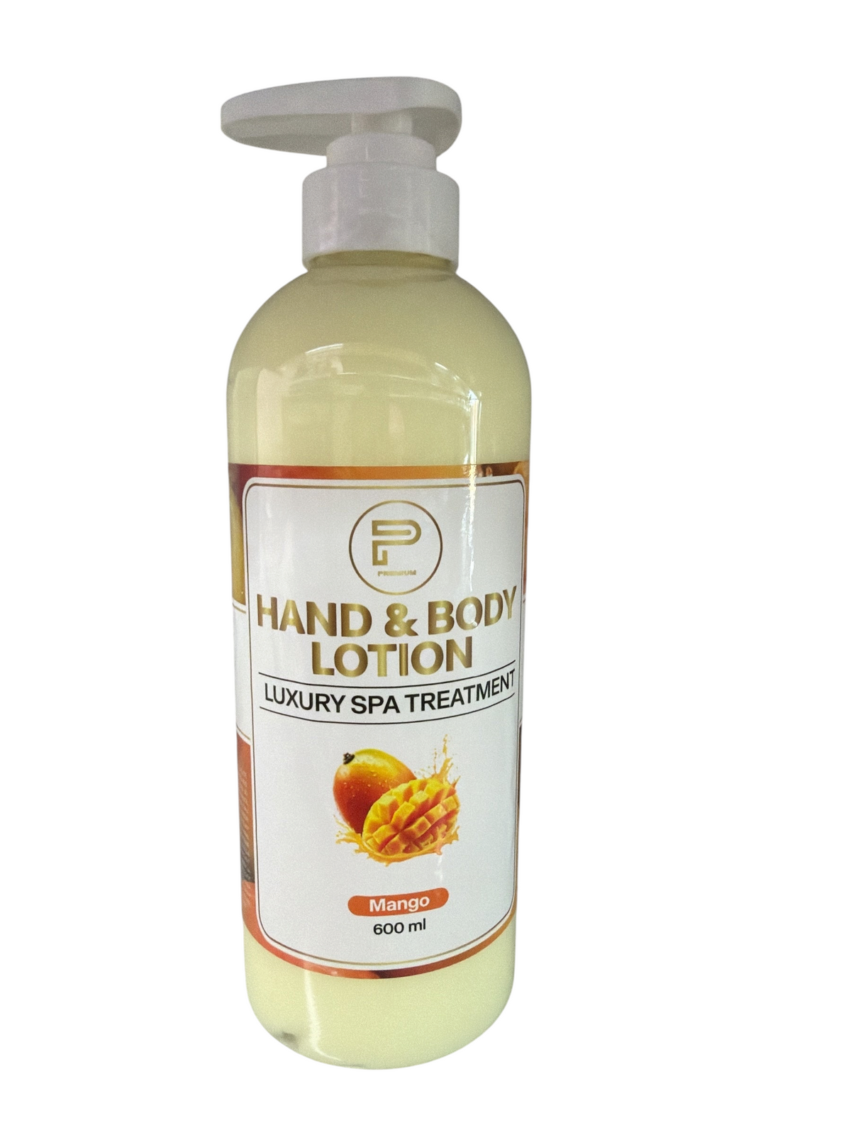 TP BEAUTY SUPPLY PTY LTD 600ml mango hand and body lotion in a pump bottle for spa-quality skin hydration.