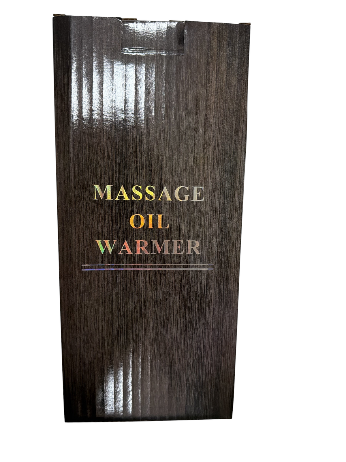 TP BEAUTY SUPPLY PTY LTD professional massage oil warmer box with dark wood grain finish and holographic text