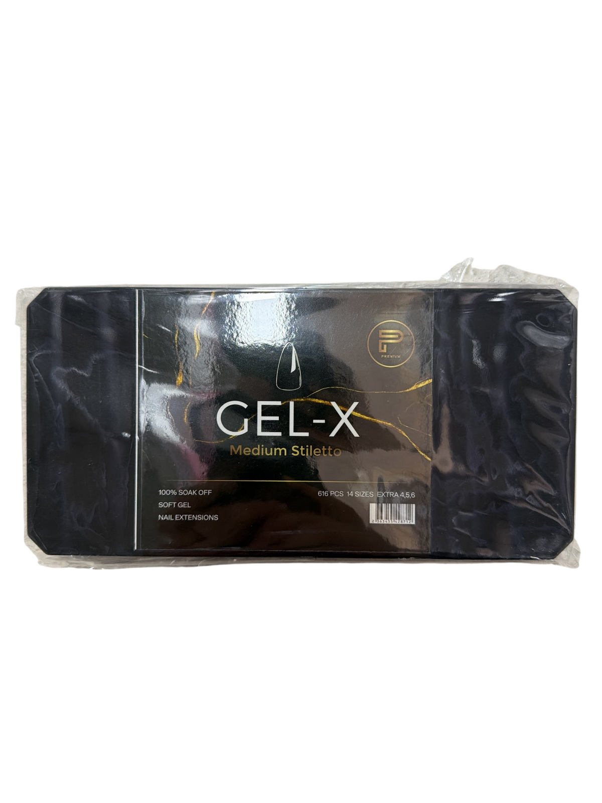 TP BEAUTY SUPPLY PTY LTD premium medium stiletto soft gel nail extension tips in a black box with 616 pieces.