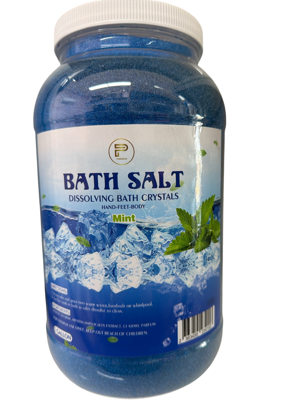 TP BEAUTY SUPPLY PTY LTD Prodigy mint bath salt crystals in a large blue jar for hand, foot, and body soaking.