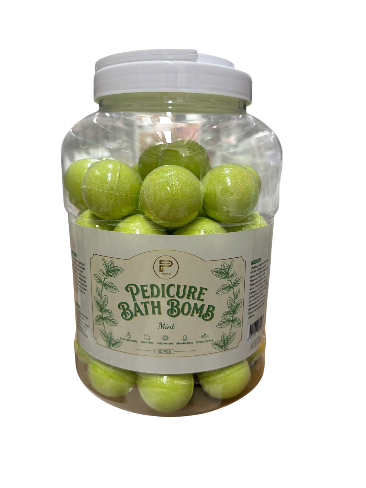 TP BEAUTY SUPPLY PTY LTD mint pedicure bath bomb jar containing 60 green effervescent spheres for foot care.