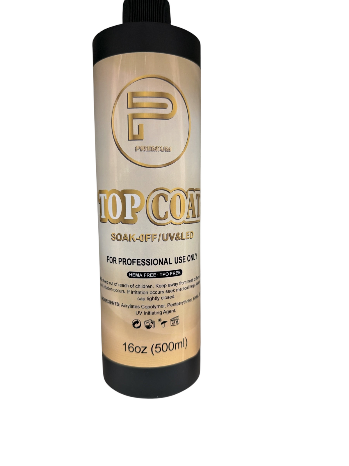 TP BEAUTY SUPPLY PTY LTD 500ml professional soak-off UV and LED nail top coat bottle with gold and black branding.