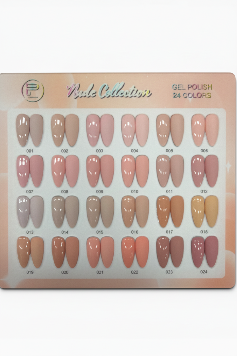 TP BEAUTY SUPPLY PTY LTD 24-piece nude gel polish set with glossy and matte nail swatches in various skin tone shades.