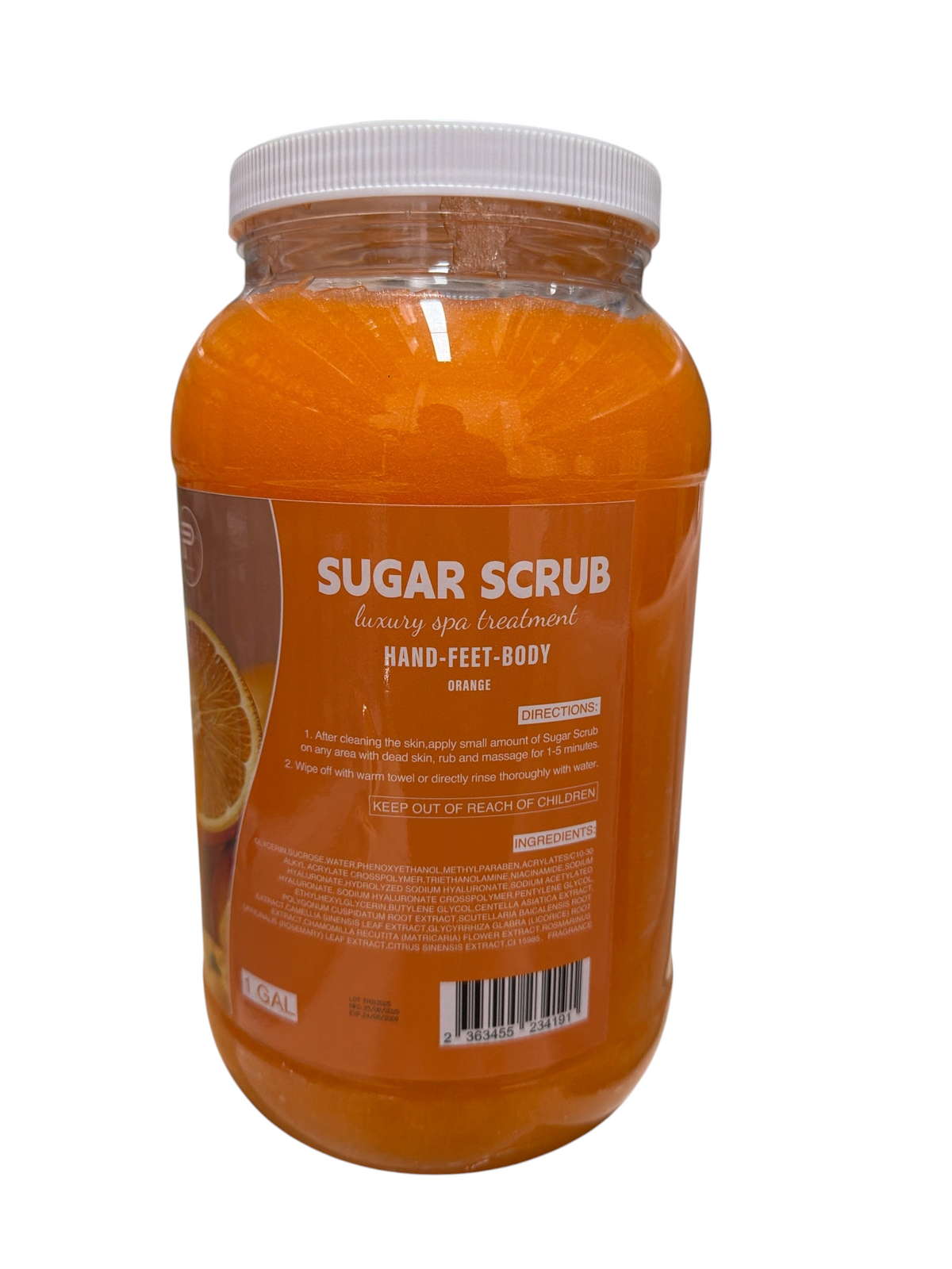 TP BEAUTY SUPPLY PTY LTD 1-gallon orange sugar scrub for professional spa hand, foot, and body exfoliation treatment.
