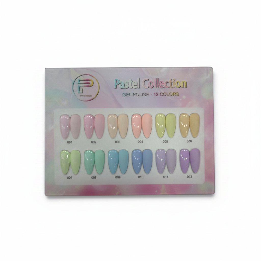 TP BEAUTY SUPPLY PTY LTD 12-piece pastel gel polish set with glossy nail swatches in soft pink, blue, and green hues.