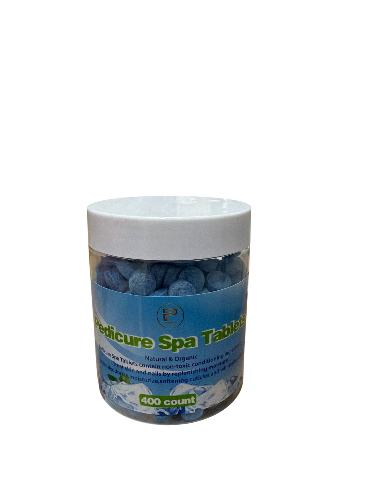 TP BEAUTY SUPPLY PTY LTD 400-count jar of blue pedicure spa tablets for cleansing and moisturising foot soaks.