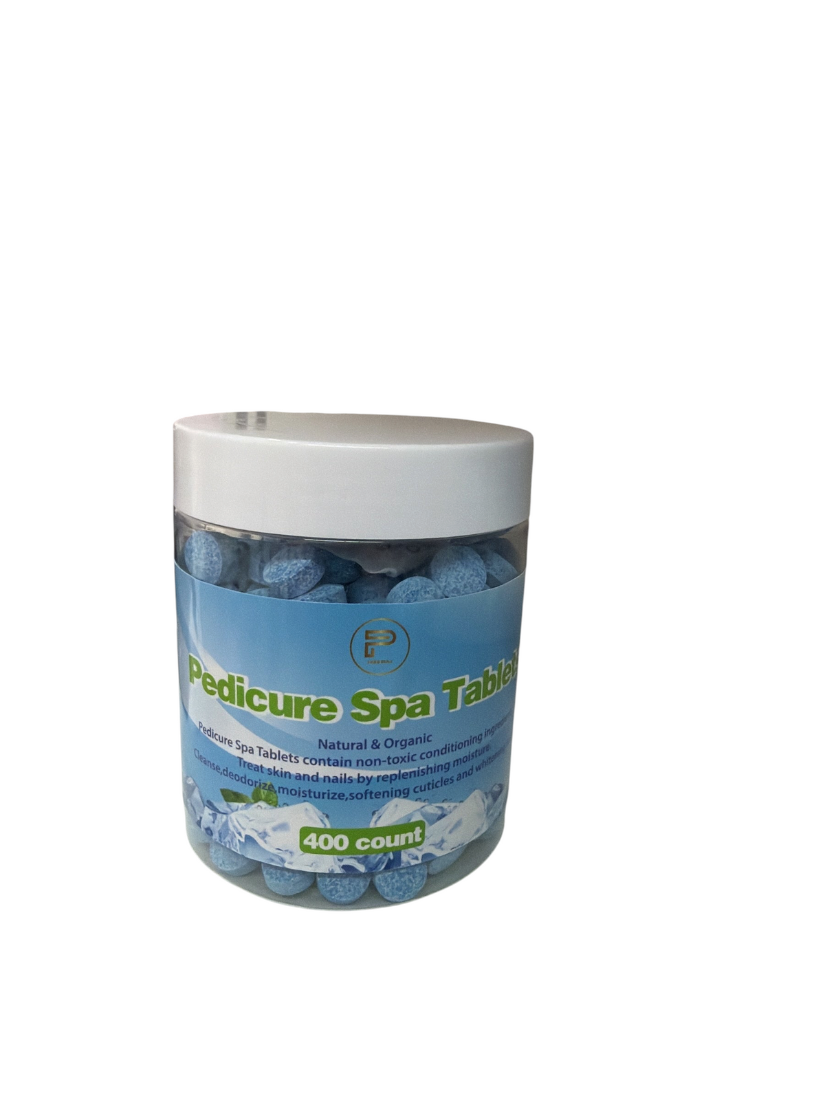 TP BEAUTY SUPPLY PTY LTD 400 count blue pedicure spa tablets in a clear jar for professional nail care foot soaks