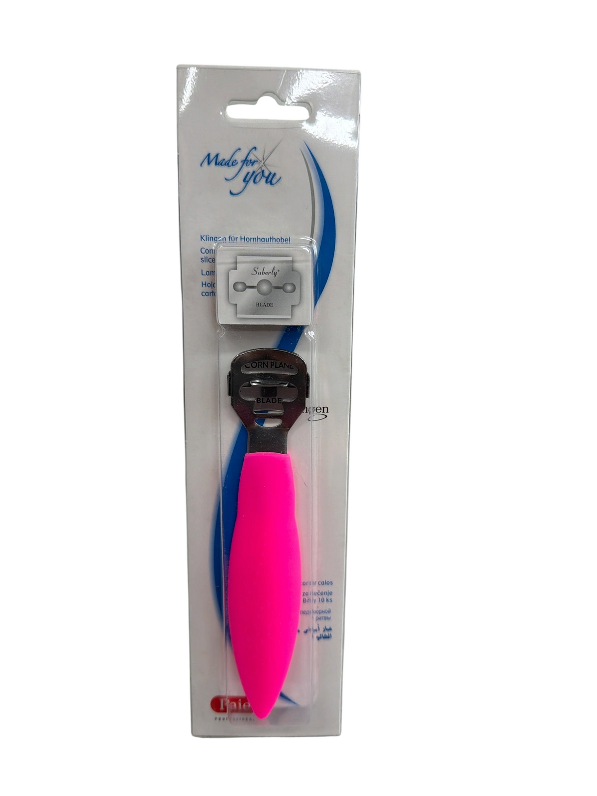 TP BEAUTY SUPPLY PTY LTD professional pedicure corn plane with a vibrant pink handle and stainless steel blade.