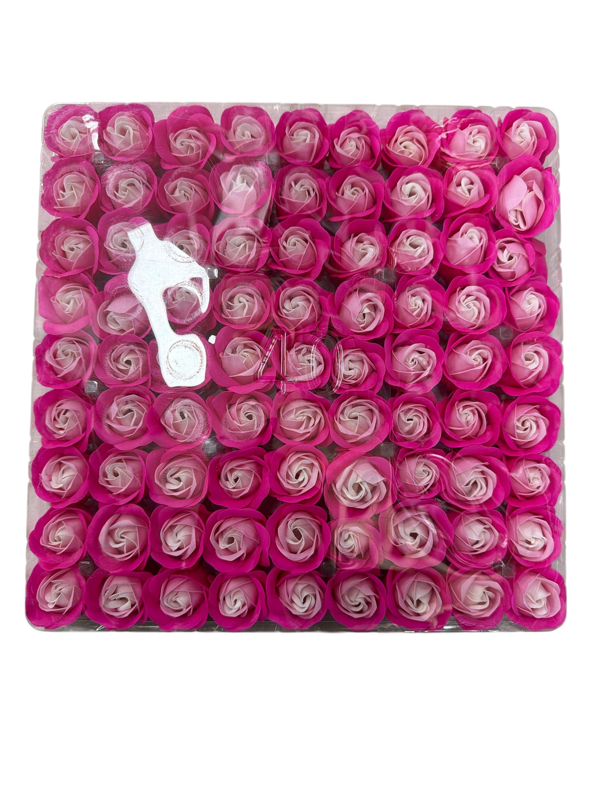 TP BEAUTY SUPPLY PTY LTD gift set of pink rose-shaped scented soap petals in a clear square display box.