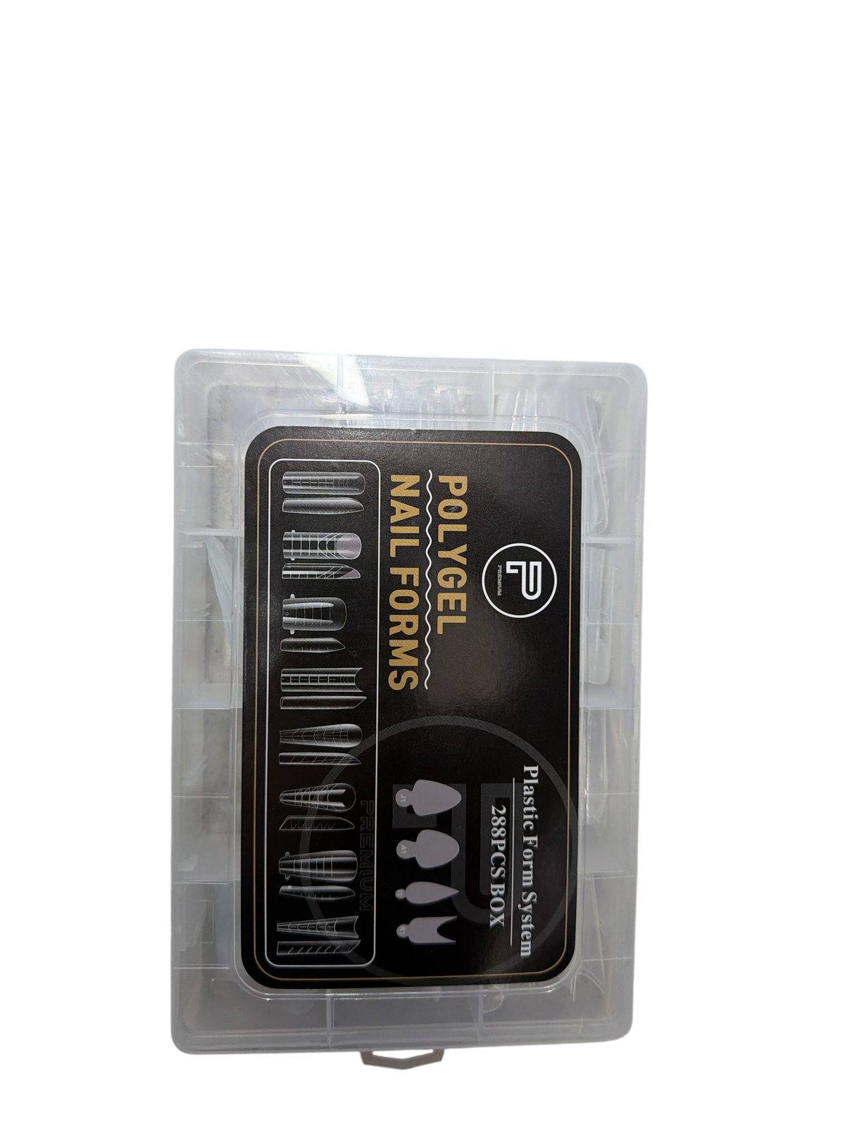 TP BEAUTY SUPPLY PTY LTD 288-piece clear polygel nail form system in a plastic storage box for professional manicures.
