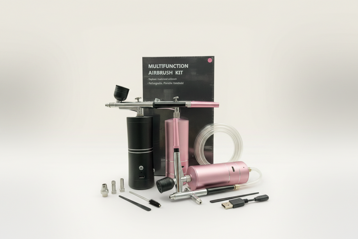 TP BEAUTY SUPPLY PTY LTD portable rechargeable airbrush kit in black and pink for nail art and makeup applications.